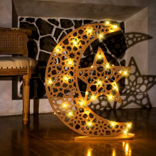 DoubleFill Eid Mubarak Ramadan Crescent Moon Star Light 27.56 x 20.67 Inches LED Wooden Ramadan Mubarak Decoration Eid Gift for Home Bedroom Floor Yard Lawn Islamic Outdoor Decor(Classic) by DoubleFill