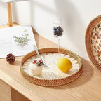 Kmelep Round Rattan Tray with Mother of Pearl Inlay, Rattan Serving Tray with Wooden Base, Decorative Wicker Basket for Table Decor, Storage and Display of Coffee Bread Food Fruit (Leaf 2) - Image 3
