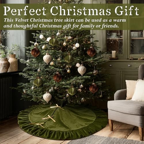 Velvet Christmas Tree Skirt, 60 Inches, Bow Style, Olive Green - Image 2