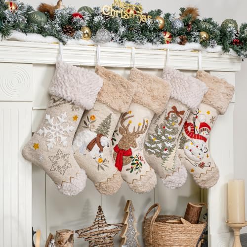 LUBOT 5 Pack Christmas Stockings Set of 5 Large Family Xmas Stocking Embroidered 20" Boho Rustic Country Farmhouse Fireplace Hanging Holiday Decor - Image 2