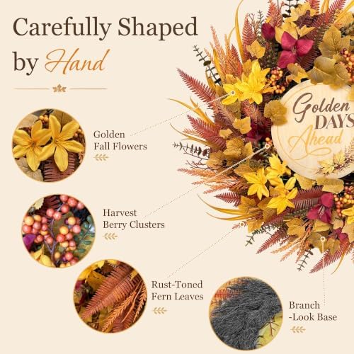 24 Inch Fall Wreaths for Front Door, Autumn Wreath with Wood Sign - Image 3