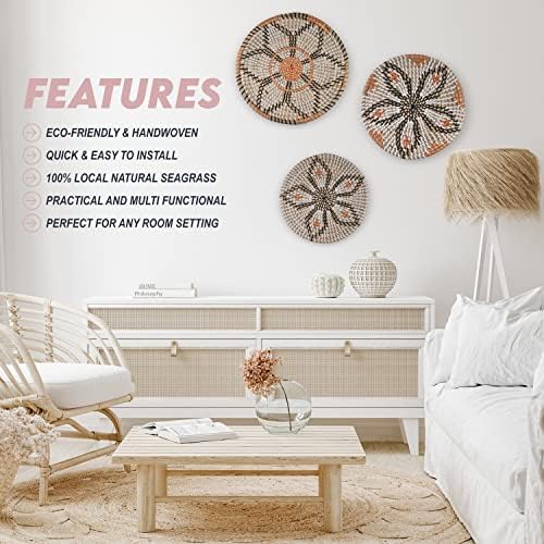 Clinton Calicep & Nicolea Woven Wall Basket Decor Set of 3 - Modern Boho Rustic Wicker Hanging Wall Baskets - Natural Decorative Storage for Bedroom, Kitchen, Living Room & Dining Room - Image 7