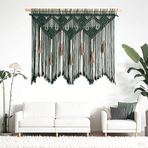 Youngeast Large Macrame Wall Hanging Boho Woven Tapestry Bohemian Macrame Wall Decor Handmade Tassel Tapestry Home Decoration for Bedroom Living Room 39"X31" (Wood Dowels Not Included) (Dark Green) - Image 4