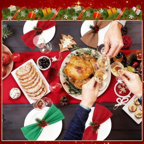 LemonRoad 36 Pcs Christmas Cloth Napkins and Napkin Ring Holders, Reusable Fabric with Pine Needle Red Fruit Napkin Rings for Xmas Table Decor, Banquet, Holiday Dinner Party, Wedding Party Supplies - Image 5