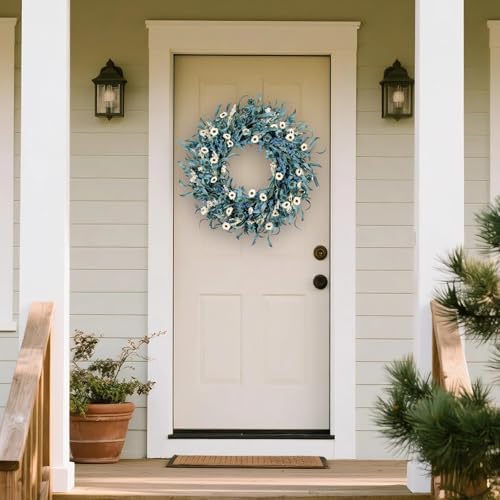 24 Inch Blue Daisy Flower Wreaths for Front Door - Spring Summer Wreath with White Floral, Blue Eucalyptus Leaves &Lavender Farmhouse Indoor Outdoor Decor for Porch, Patio & Entryway - Image 4