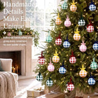 Thenshop 6 Pcs Gingham Plaid Glass Christmas Tree Ornament with Velvet Bow - Image 5