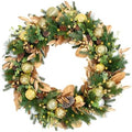 32 Inch Lighted Christmas Wreath with 60 Warm White LEDs and Timer, Battery Operated Pre-Lit Artificial Wreath with Pinecones, Ornaments and Gold Leaves for Front Door by Arborvigro