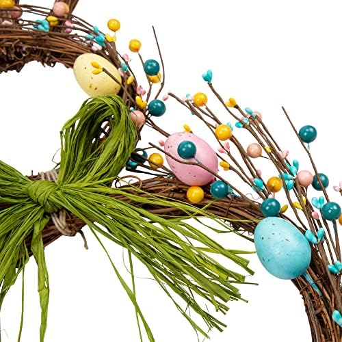 27 Inch Artificial Easter Wreath for Front Door Rabbit Wreath with Pastel Eggs and Mixed Twigs Spring Bunny with Raffia Bow for Easter Decorations - Image 4
