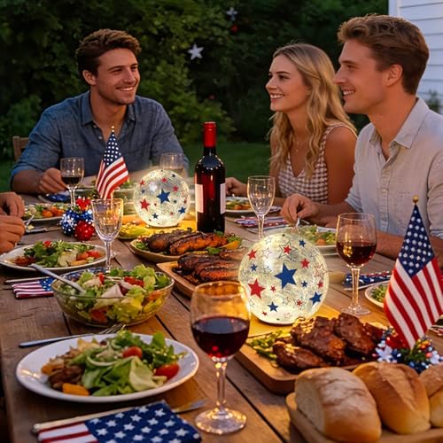 Whaline Patriotic Lighted Decorative Glass Ball 4th of July Party Decoration 4.7/6 in Red Blue American Star Crackle Glass Globe Battery Operated for Independence Day Table Mantel Fireplace, Set of 2 - Image 5