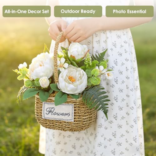 Peonies Artificial Flowers, Spring/Summer Flower Centerpieces for Tables Silk Flower Arrangements with Woven Basket Fake Peonies with Fern Leaves White Flower Arrangement for Kitchen Dinner Table - Image 4