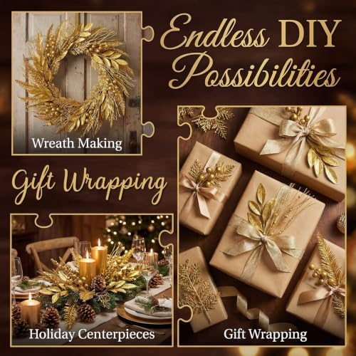 Gold 66 Pcs Christmas Glitter Picks and Sprays, Xmas Artificial Floral Stems Branches Berry Leaf Pine for Tree Topper Wreath Garland Centerpiece Holiday Party Home Decor - Image 5