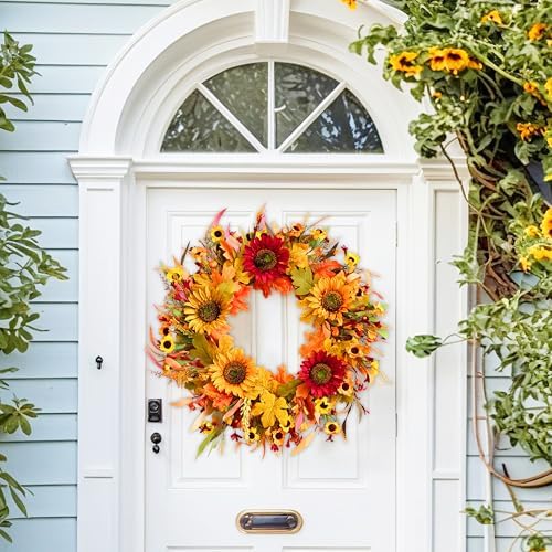 Olalaka 24” Fall Wreaths for Front Door, Outdoor Autumn Wreath with Sunflowers, Leaves, Berries and Bumpkins for Thanksgiving Halloween & Harvest Decor, Fall Garland Decoractions for Home - Image 2