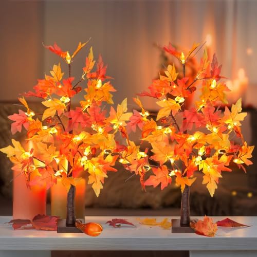 2 Pack 24 Inch Prelit Fall Maple Tree Fall Thanksgiving Decorations with 48 LEDs Battery Operated Timer Lighted Acorn Maple Artificial Tabletop Light Up Tree for Home Indoor Thanksgiving Table Decor - Image 6