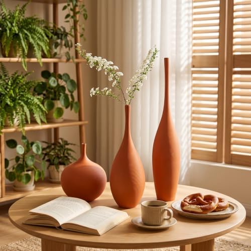 Ceramic Vases Set of 3, Modern Boho Vases for Centerpiece Decor, Matte Terracotta Brown Minimalist Decorative Vases for Home Decor, Living Room, Bookshelf, and Entryway Table Decor - Image 3