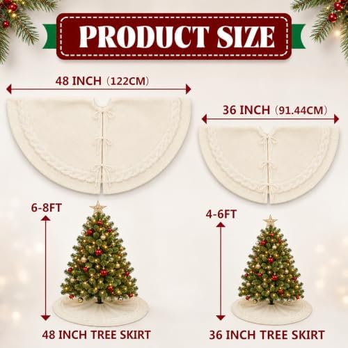 36 Inch White Knitted Christmas Tree Skirt Small Thick Cable Knit Round Cream for 4ft 5ft Tree Rustic Farmhouse Neutral Christmas Decor Tree Base Cover Xmas Home Decor (White-01) - Image 4