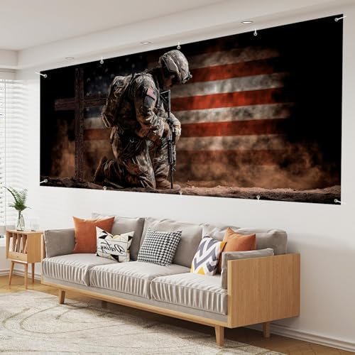 16x7FT Patriotic Garage Door Banner, Ameri-ca Soldier Kneeling with Cross Design, Extra Large Outdoor Garage Door Cover for Memorial Decor and Independence Day - Image 7