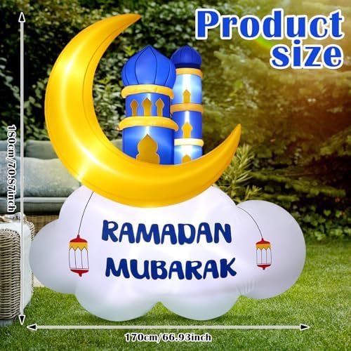 Gemscream 5.9FT Ramadan Inflatable Outdoor Decorations Moon Eid Mubarak Inflatables Blow up Muslim Holy Celebration Decor with LED Lights Muslim Islamic Blow up for Holidays Yard(Blue Stylish) - Image 3