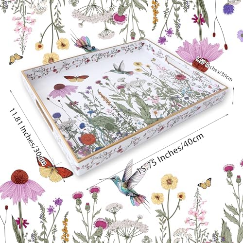 Serving Tray with Handles, Rectangular Plastic Tray 15.75x11.81 Inch, Wildflower, Butterflies & Hummingbirds Style Decorative Tray for Kitchen, Dining Table, Vanity, Office & Home - Image 4