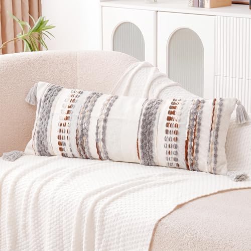 NUYECY Chenille and Cotton Long Pillow for Bed, Striped Textured Boho Lumbar Throw Pillow Cover 14x36, Neutral Accent Decorative Extra Long Body Pillow Case for Couch, Sofa, Bedroom, Brown-Grey - Image 5
