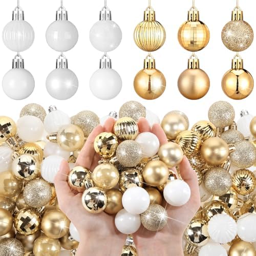 Shappy 216 Pcs Mini Christmas Ball Ornament 1.18 Inch,White, Gold by Shappy