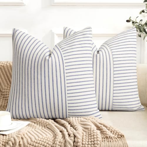 YCOLL Farmhouse Euro Sham Pillow Covers 24x24, Modern Throw Pillow Covers Set of 2, Blue and Beige Striped Patchwork Linen Decorative Pillows Cushion Covers for Bed Sofa Couch Living Room Home Decor by PillowCoversExpert