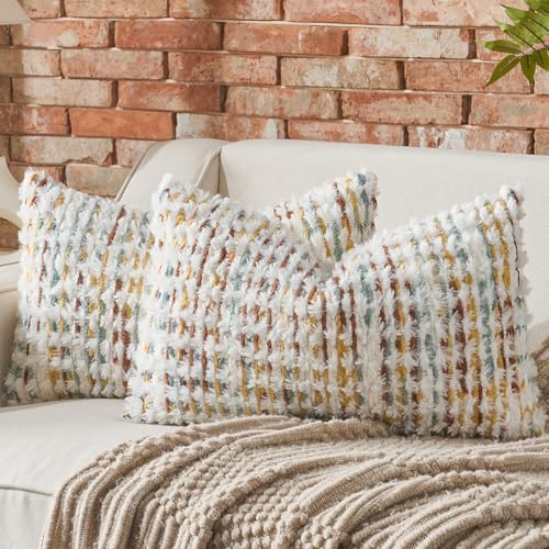 AmHoo Set of 2 Boho Chenille Pillow Cover Decorative Tufted Pillowcase for Couch Bed Sofa Bedroom Living Room Modern 12 x 20-Inch Brown White by AmHootextile