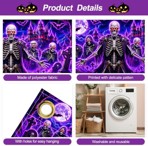 7x16FT Halloween Neon Skull Garage Door Banner UV Reactive Fluorescent Skeleton Garage Door Cover Decoration for Hallowen Decoration - Image 3