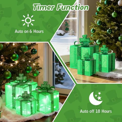 Lewondr St Patricks Day Decorations Lighted Gift Boxes with 3D Shamrocks, Green Decor Light Up Present Boxes for St Patrick's Day, USB Powered + Remote Control Lucky Clover for Indoor Home Holiday - Image 4