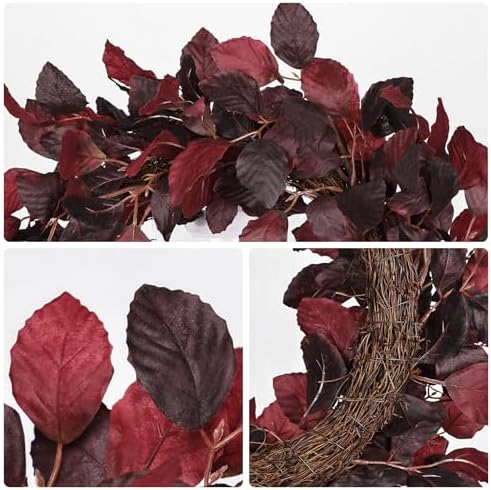 Artificial Fall Leaf Wreath for Front Door – 20" Autumn Wreath with Lifelike Fagus Sylvatica Foliages – Burgundy Red – Rustic Thanksgiving & Halloween Decoration for Indoor & Outdoor - Image 5
