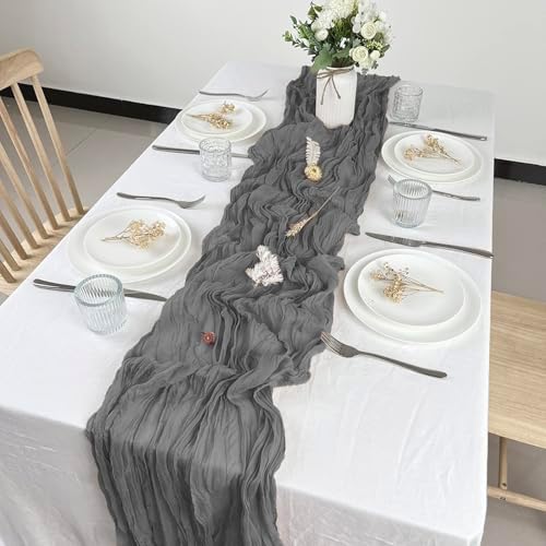 12 Pack Gery Cheesecloth Table Runner 10ft Boho Gauze Cheese Cloth Table Runner Rustic Sheer Runner 120 inch Long for Christmas Wedding Table Decorations - Image 2