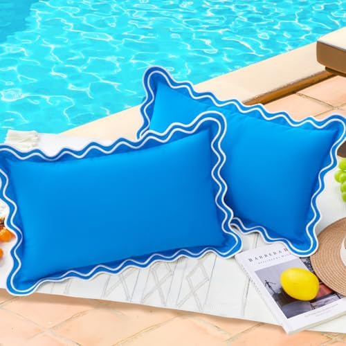 JOJOGOGO Light Blue Scalloped Outdoor Lumbar Pillow Covers 12x20 Set of 2 by JOJOGOGO