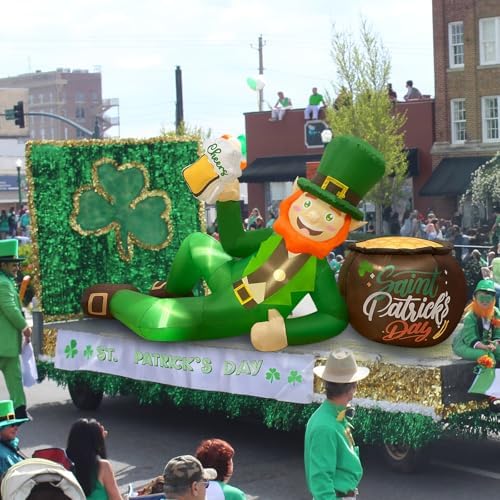 OurWarm 9FT St. Patrick's Day Inflatables Outdoor Decorations, Inflatable Leprechaun Holding Beer Leaned On A Pot of Gold, St Patricks Day Blow Up Inflatable for Yard Lawn Garden Holiday Party Decor - Image 6