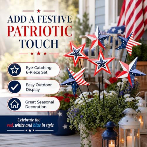 6 Pcs 4th of July Decorations Outdoor,19" Patriotic Metal Barn Stars Decorative Garden Stakes for Independence Day,Americana Patriotic Yard Signs Decor for Garden Lawn Porch - Image 6