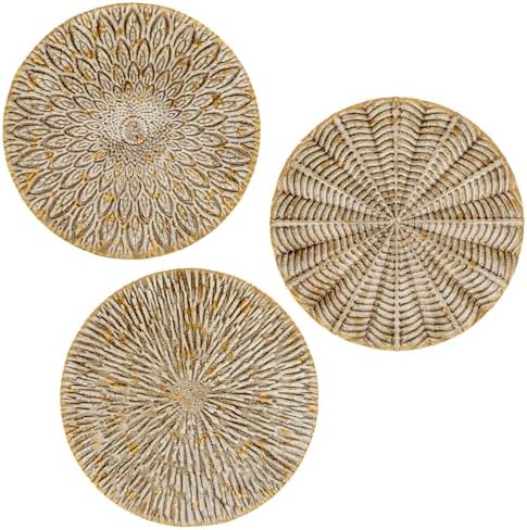 Arborus Set of 3 Rustic Floral Round Metal Wall Art - Intricate 3D Design with Sturdy Hooks, Gold and Beige Decorative Plates (11.8" Diameter) by Arborus