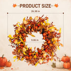26" Fall Wreath for Front Door Pumpkin Artificial Wall Decor Autumn - Image 2