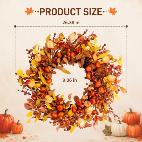 26" Fall Wreath for Front Door Pumpkin Artificial Wall Decor Autumn - Image 2