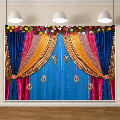 10x8ft Indian Traditional Backdrop Colored Curtains Marigold Background - Image 6