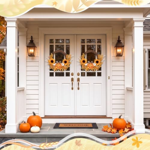 Fall Wreaths, 2 Pack, 20" Front Door Decor, Artificial Sunflower Pumpkin - Image 3