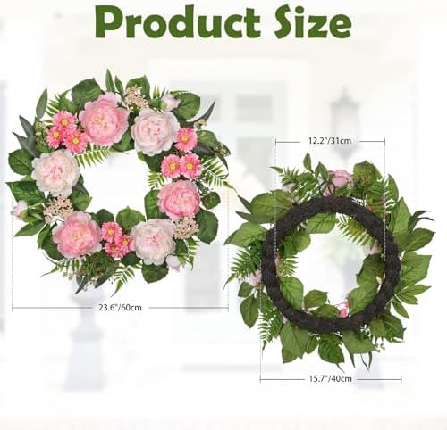 Spring Summer Wreath for Front Door with Large Peonies, Daisies for All Seasons Indoor Outdoor Use, 24" Silk Floral Wreath Spring Summer Decorations for Home, Porch, Wall, Farmhouse, Wedding Decor - Image 3