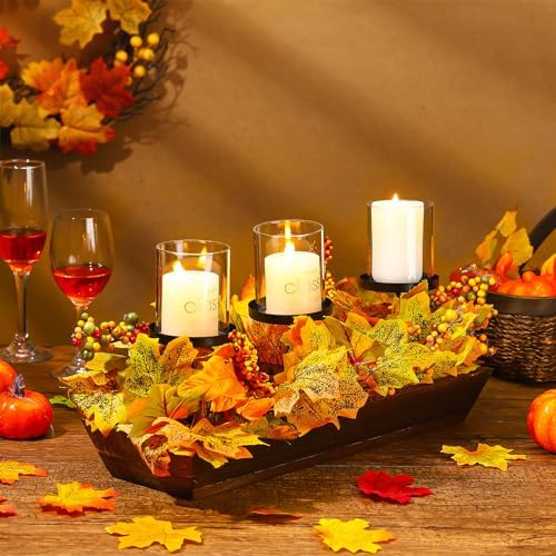 Fall Table Centerpiece Fall Thanksgiving Candle Holder with 3 Candle Holders and 3 Glass Cups, Artificial Maple Leaf Harvest Table Centerpiece with Pumpkins Berries - Image 6