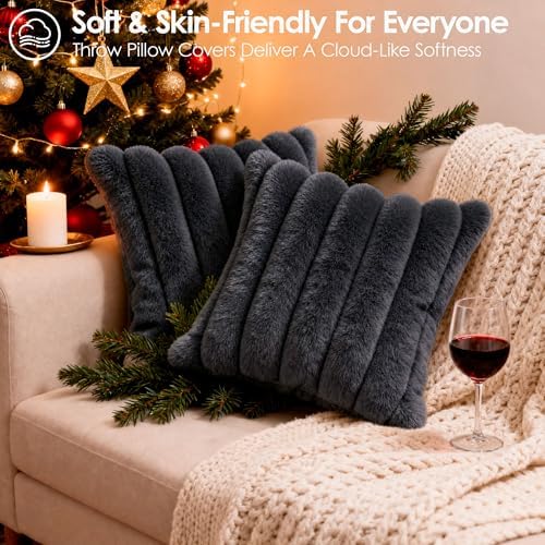 Faux Fur Decorative Throw Pillow Covers 20x20 Set of 2, Black - Image 4