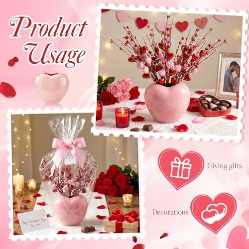 Youyole Heart Vase Set with 4 Red Berry Stems, 6.5" Heart-Shaped Ceramic Vase with Artificial Berry Branches, Romantic Table Centerpiece Decor for Couples, Home, Office & Gift(Pink) - Image 6