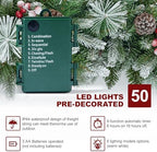 9ft Artificial Christmas Snow Garland with 50 led Lights Timer, Pine Cone, Christmas Red Berry Garlands Battery Powered Outdoor String for Mantle Stairs Railing Fireplace Door - Image 5