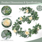 2 Pack Spring Artificial Eucalyptus Flower Garland with Champagne Roses, 13FT Fake Flower Greenery Floral Vines Green Garland for Wedding Arch Table Runner Backdrop Mantle Home Decorations (Champagne) - Image 2