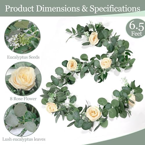 2 Pack Spring Artificial Eucalyptus Flower Garland with Champagne Roses, 13FT Fake Flower Greenery Floral Vines Green Garland for Wedding Arch Table Runner Backdrop Mantle Home Decorations (Champagne) - Image 2