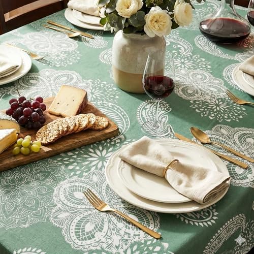 Cotton Damask Print Tablecloth with Scalloped Edge, Machine Washable, Marsh Green, 60 x 60 Inch Square - Image 4