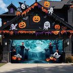 Halloween Garage Door Cover 7x16ft Full Moon Spooky Gate Garage Door Halloween Decorations Banner for 2 Car Ghost Graveyard Scary Hallows' Eve Banners for Outdoor Party Supplies - Image 2