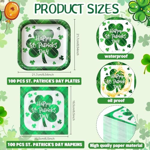 Domensi 200 Pcs St Patrick's Day Paper Plates and Napkins Includes 8.54'' Shamrock Plaid Dinner Plates and Disposable Napkins for St Patrick's Day Party Disposable Dinnerware Tableware Set - Image 3