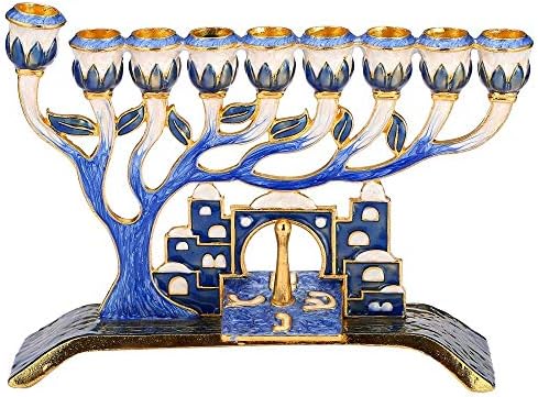 Matashi Hand Painted Blue Enamel Menorah Candelabra Embellished with - Image 2