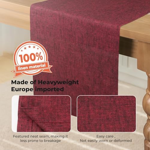 Red Linen Table Runner 14 x 108 Inch, 100% Pure Linen, Farmhouse Style, Washable, Rustic Table Decor for Wedding Party, Dining Table, Coffee Table, Dresser, Kitchen, Everyday & Holiday Use - Image 2